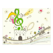 Chica que juega con las notas musicales sobre casa postal