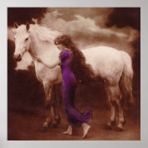 Chica romántico del Victorian con el caballo blanc Poster