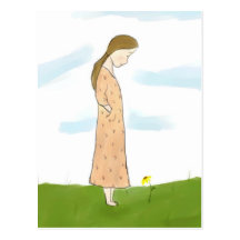 Chica tímido y postal amarilla de la flor
