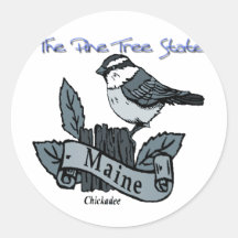 Chickadee de Maine el estado del árbol de pino Pegatina Redonda