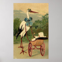 Cigüeña del Victorian del vintage y carro de bebé Poster