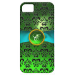 Cinta azul del MONOGRAMA del DAMASCO de la aguamar iPhone 5 Protectores