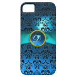 Cinta azul del MONOGRAMA FEMENINO del DAMASCO iPhone 5 Case-Mate Cárcasa
