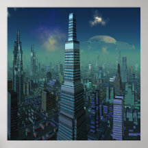 Ciudad extranjera con el UFO en cielo Poster