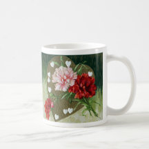 Claveles y tarjeta del día de San Valentín del vin Tazas