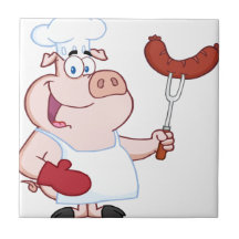 Cocinero feliz del cerdo con la bifurcación de la  azulejos