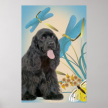 Cocker spaniel y poster de las libélulas