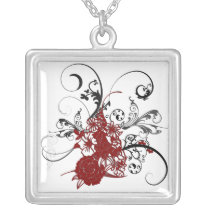 Collar floral rojo de la plata esterlina del Grung collares