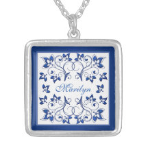 Collar personalizado floral real del azul y blanco