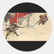 Combate del samurai en la nieve circa 1890 etiquetas redondas