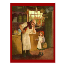 Comerciante del vintage con la postal de la niña