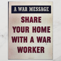 Comparta su hogar con un trabajador de la guerra tarjetas publicitarias