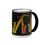 Compinches naranja y oro del saxofón en negro tazas de café
