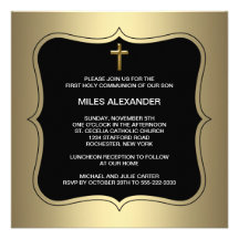 Comunión de los muchachos cruzados negros del oro  invitaciones personalizada