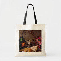 Comunión roja, taza de plata, uvas, flores y CRO ( Bolsa De Mano