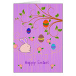 conejito de pascua púrpura por el árbol del huevo felicitacion 