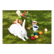 Conejito de pascua y huevos coloreados fotos