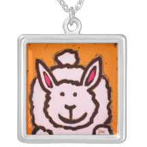conejito rosado en el collar anaranjado