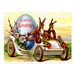 Conejitos de pascua en automóvil tarjeta postal