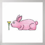Conejo rosado con la flor poster
