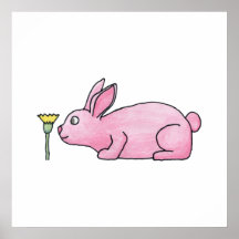 Conejo rosado con la flor poster