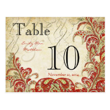 Coral del oro y número rojos de la tabla del boda  tarjetas postales