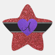Corazón púrpura del monograma rojo del brillo calcomanía cuadrada personalizada