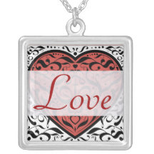 Corazón rojo del damasco romántico y negro estiliz collares