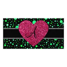 Corazón rosado de los lunares verdes del monograma tarjeta fotografica  