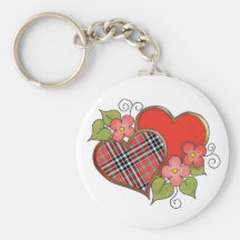 Corazones y flores - tartán negro rojo llavero personalizado