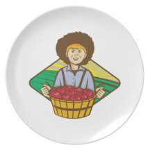 Cosecha del tomate del gorra de paja del muchacho  platos de comidas