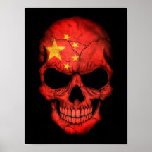 Cráneo chino de la bandera en negro posters