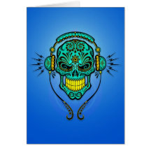 Cráneo del azúcar de DJ - azul y amarillo Felicitación