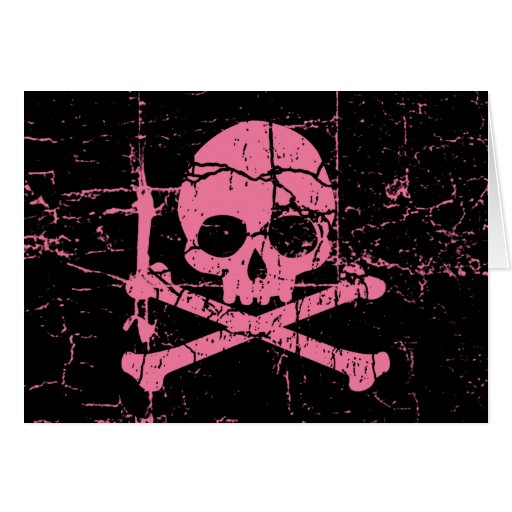Cráneo rosado gastado y bandera pirata tarjeta