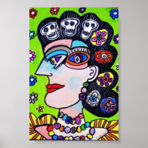 Cráneos y mujer del mexicano de las flores posters