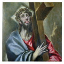 Cristo que abrocha la cruz, 1600-10 (aceite en lon azulejo cerámica
