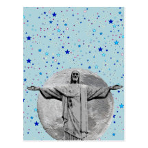 Cristo Redentor, luna y estrellas azules Postales