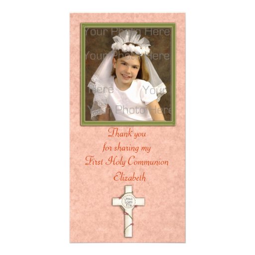 Cruz religiosa del blanco del melocotón tarjetas con fotos personalizadas