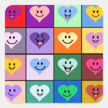 Cuadrados sonrientes de los corazones del arco iri calcomania cuadradas