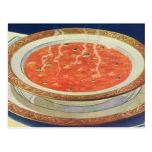 Cuenco caliente del vintage de sopa del tomate con postal