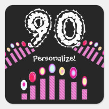 ¡Cumpleaños de las velas del rosa el 90.o personal Colcomanias Cuadradass
