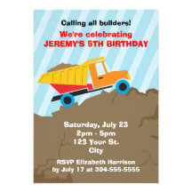 Cumpleaños del camión volquete de los niños invitaciones personalizada