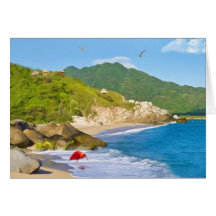 Cumpleaños, playa tropical, pájaros felicitación