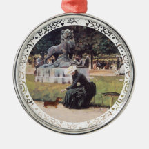 Dachshund y señora en parque ornamente de reyes