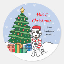 Dalmatian y árbol de navidad etiquetas redondas