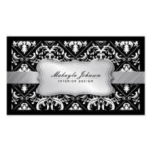 Damasco blanco y negro moderno elegante con plata plantillas de tarjetas de visita