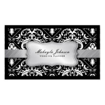 Damasco blanco y negro moderno elegante con plata tarjetas personales