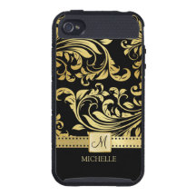 Damasco elegante del negro y del oro con el monogr