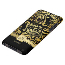 Damasco elegante del negro y del oro con el monogr barely there iPod funda