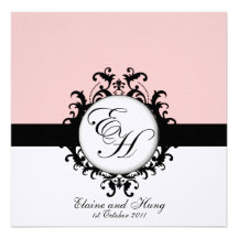 Damasco negro de los monogramas en el lino invitaciones personalizada